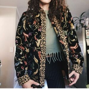 Vintage 90s Tapestry Velvet Floral Leopard Trim Statement‎ Jacket Boho Grunge L